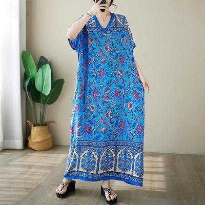 Kurzarm Plus Size Baumwolle Satin Vintage Blumen neu in Kleidern für Damen lässiges lockeres langes Sommerkleid