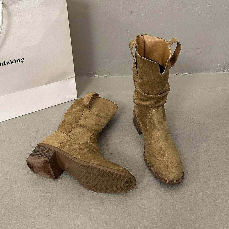 Star with the Same Inner Height Increase of 4cm Versatile Retro Square Round Head Flat Bottom Soft Thin Boots Tall Knight Boots Women