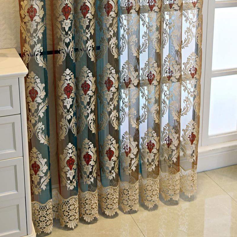 L Luksusowe tłoczone aksamitne zasłony z akcentami koralikowymi - kieszeń na drążek do łatwego wieszania, oddychające i przepuszczające światło zasłony do salonu