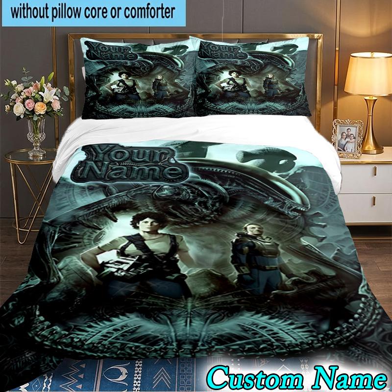 Custom Name 3PCS Alien Fire Bedding Set,Including Duvet Cover And 2pcs Pillowcases Perfect for Bedroom,Dormitory,Fan Christmas gift