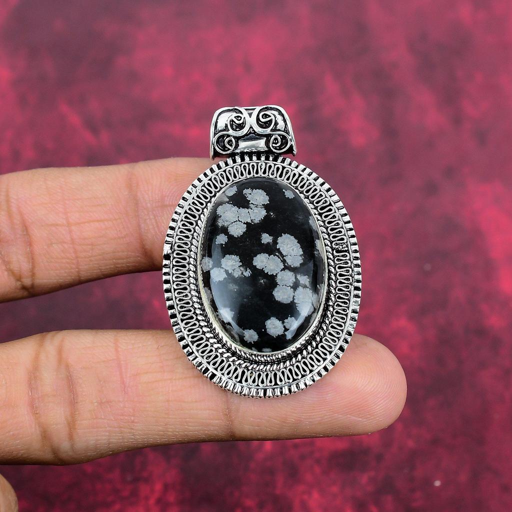 Hänge av snöflingeobsidian, 925 sterling silver, ädelsten, handgjort, delikat smyckeshänge, för henne