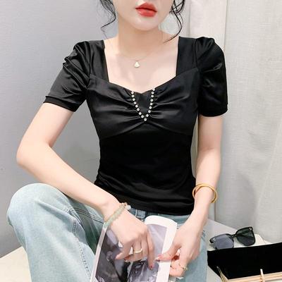 2024 Women's Summer Square Neck Slimming T-Shirt with Short Sleeves