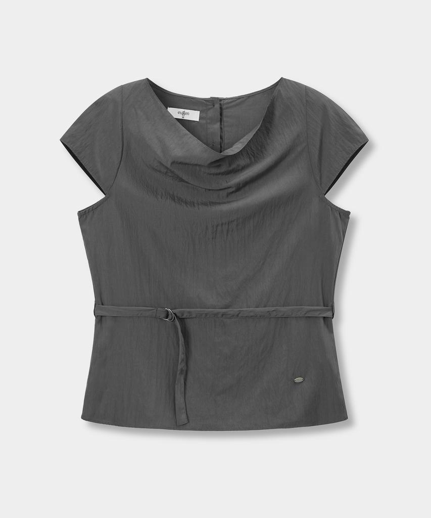 Yujen Cowl Neck Draped Belted Blouse_Charcoal Gray