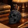 Vintage Vine Embossed Crafts Halloween Skull Makeup Brush Holder, Matte Black Gothic Skeleton Pen Organizer Resin Cup for Desk, Storage Figurine