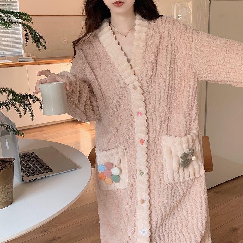 V-Neck Sunflower Nightgown Pajamas for Women - Cozy Autumn/Winter Coral Fleece, Thick, Large Sizes, Versatile Indoor/Outdoor Wear.