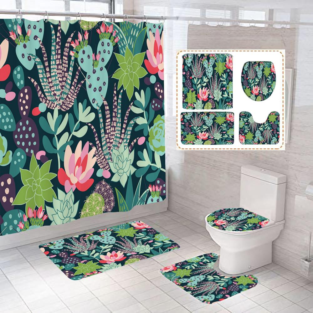 Green Tropical Plant Cactus Bathroom Curtain Polyester Fabric Shower Curtains Pedestal Rug Toilet Cover Bath Mat Set Home Decor
