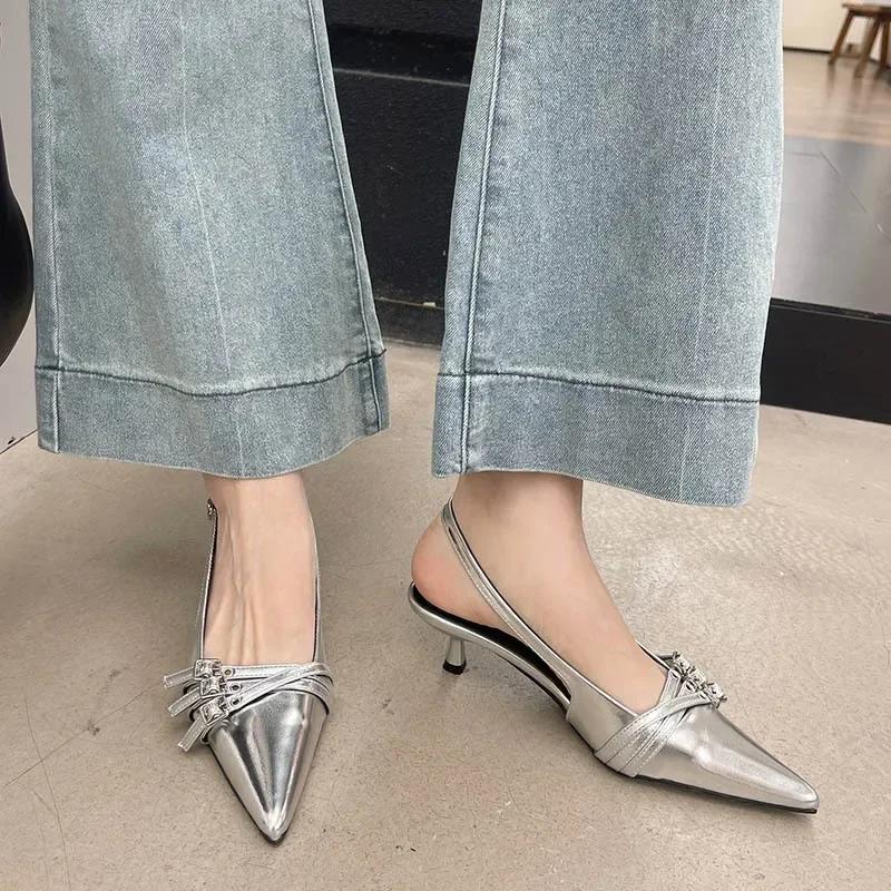 Chic French Pointed Toe Patent Leather Womens Sandals Cover Head Ankle Buckle Back Strap Thin Mid Heels Mules Shoes