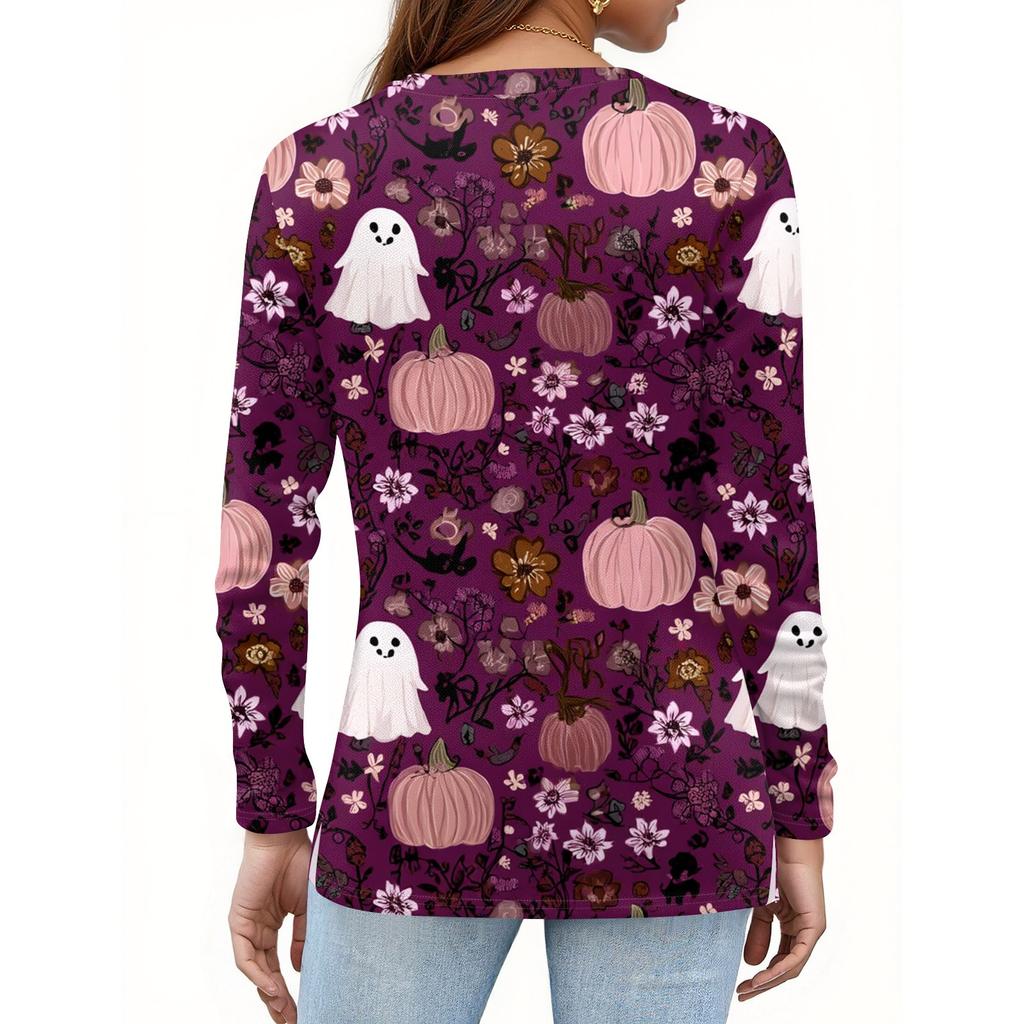 Women's Fashion Hem Slit Casual Halloween Printed Round Neck Long Sleeve Top