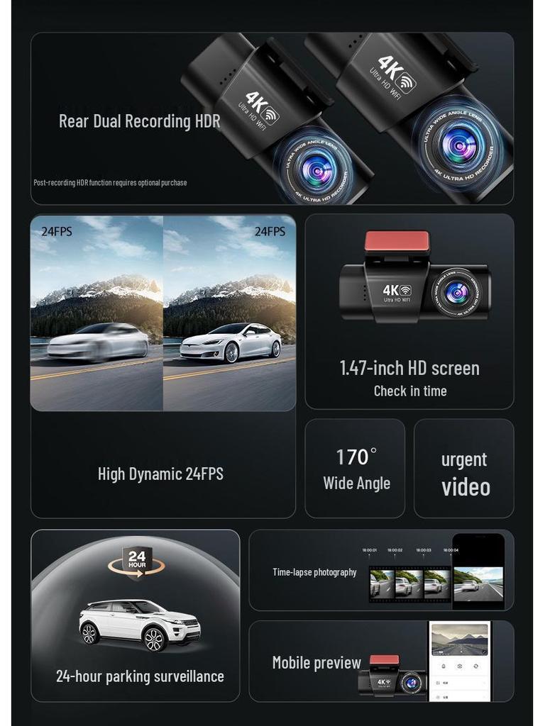 K309 4K Dual-Objektiv Dashcam mit Infrarot-Nachtsicht, WLAN und GPS
