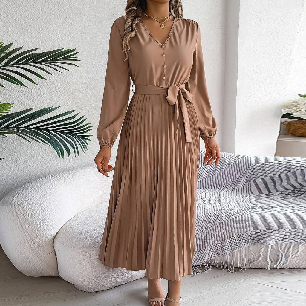 Dámské módní retro jednobarevné elegantní výstřih do V s dlouhým rukávem a zavazováním v pase