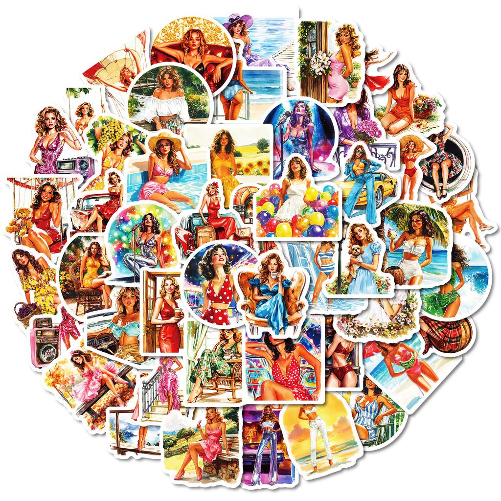 50 Summer Vintage Fashion Swimwear Girls Realistic Graffiti Stickers Diy Decorative Luggage Water Cup Stickers