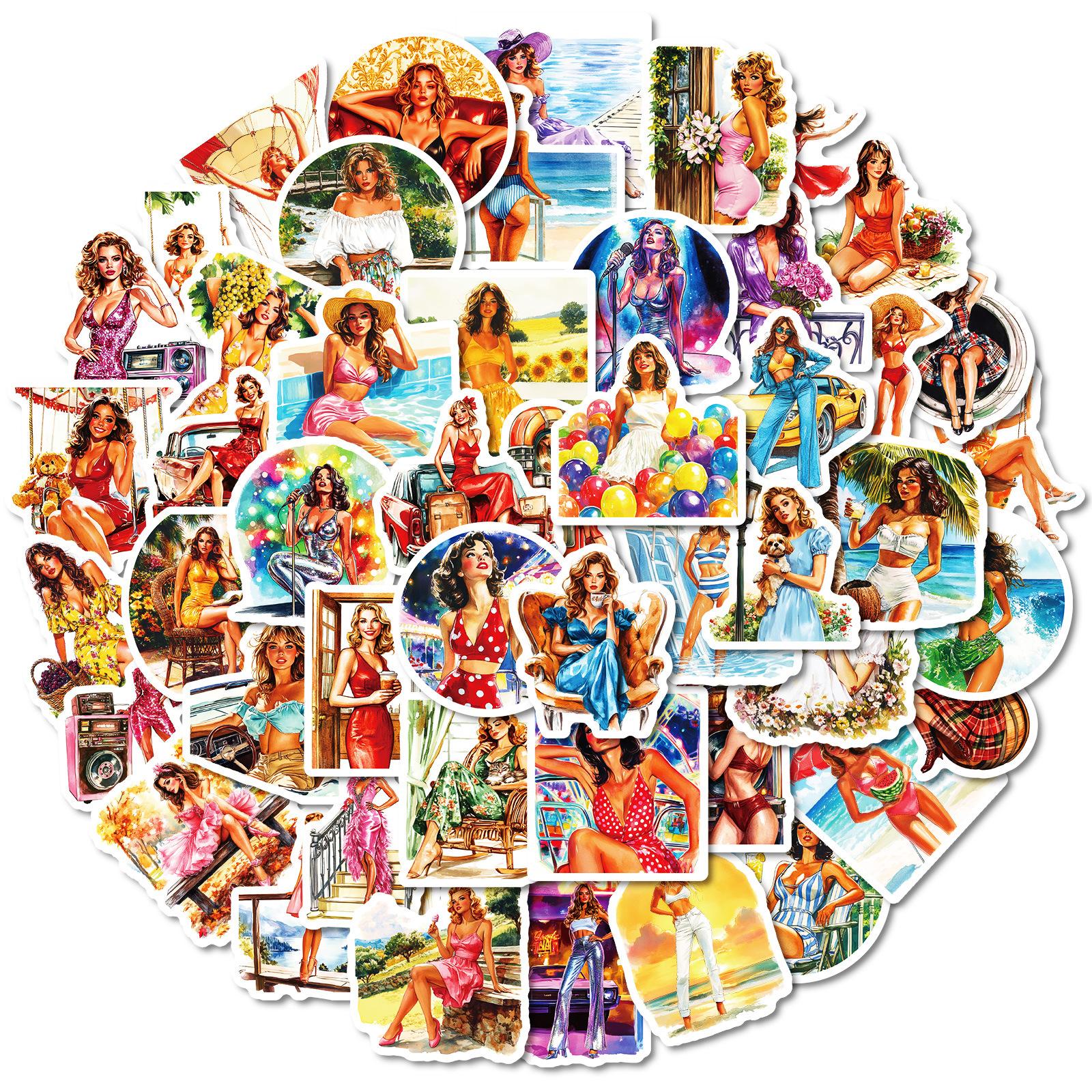 

50 Summer Vintage Fashion Swimwear Girls Realistic Graffiti Stickers Diy Decorative Luggage Water Cup Stickers