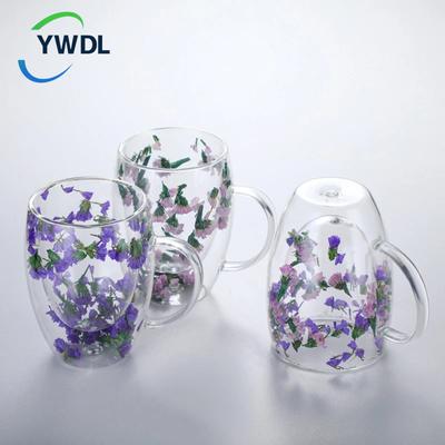 YWDL Dubbelwandige glazen koffiemokken Dubbel geïsoleerde glazen beker Voor meisje Cadeau Kerstcadeau 350ml Bloemenontwerp