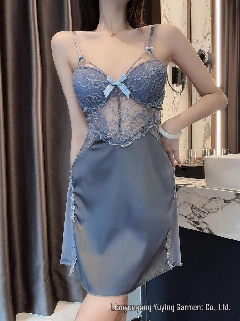 Women's Sexy Lace Nightgown & Robe Set with Spaghetti Straps and Bra Pads