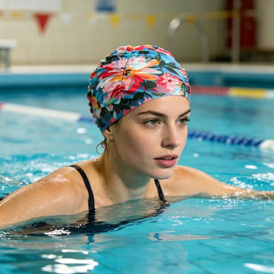 Cloth Swimming Pool Cap for Women, Breathable Colorful Ruffle Swim Cap, Elastic Ear Protection Short Long Hair Bathing Hat