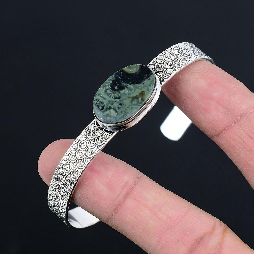 Natural Kambaba Jasper Gemstone 925 Sterling Silver Bangle Adjustable For Women