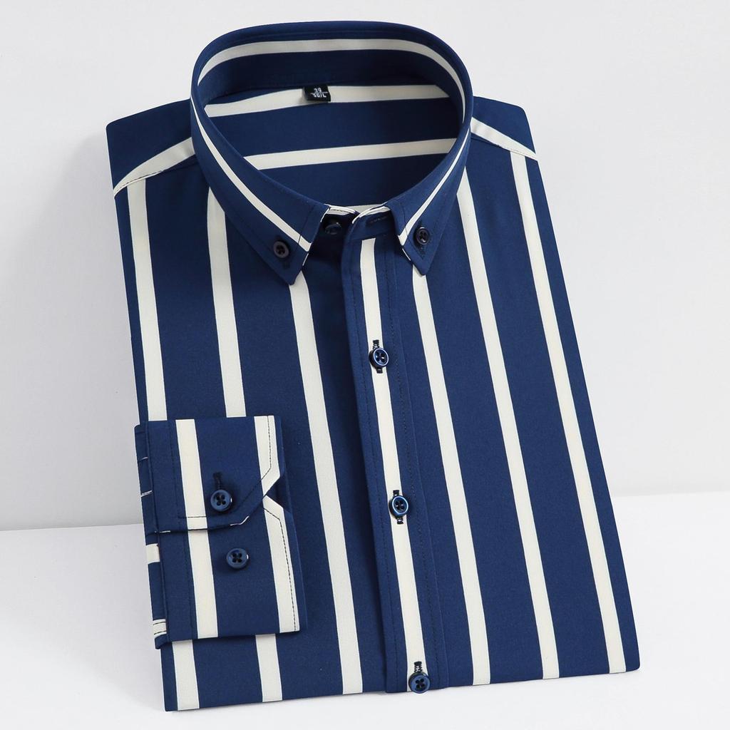 Men's Striped Lapel Collar Design Iron-Free Dress Shirts, Long Sleeve Stretchy Casual Button Up Shirt For Formal Occasions