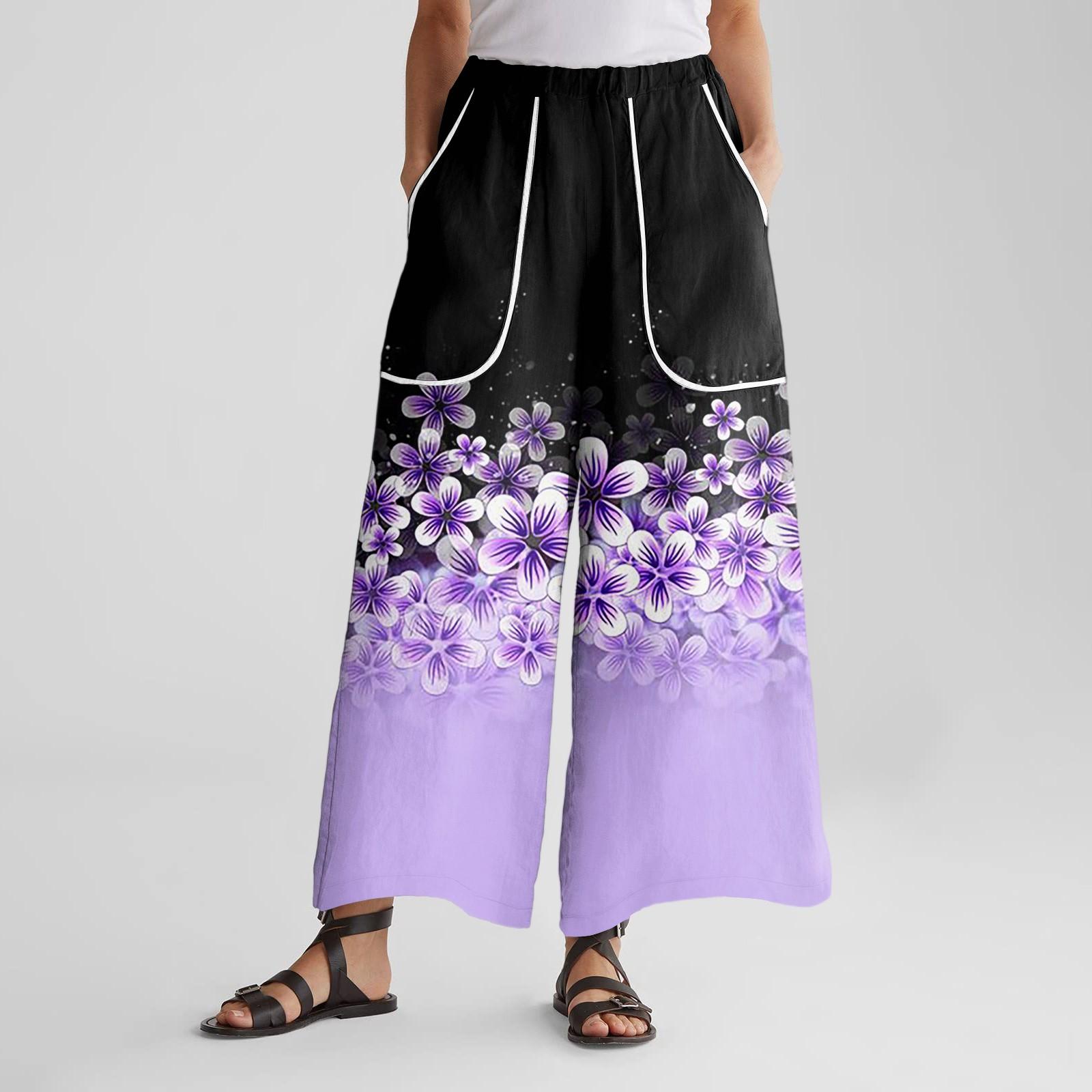

Women s Wide Leg Pants With Elastic Waistband, Retro Printed Large Pockets, Patchwork Loose Pants XL