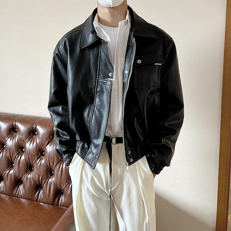 

Осенняя простая черная куртка из искусственной кожи в корейском стиле, мужская ретро-красивая мотоциклетная повседневная куртка XXL чёрный