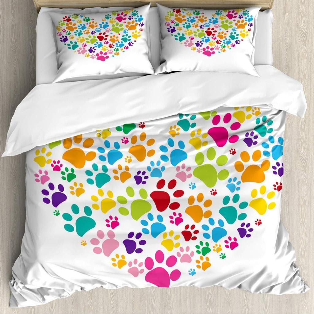 Dog Paw Print Duvet Cover Set Queen Size, Bone Pattern Bedding Set 3pcs For Kids Teens Room Decor, Pet Animals Comforter Covers
