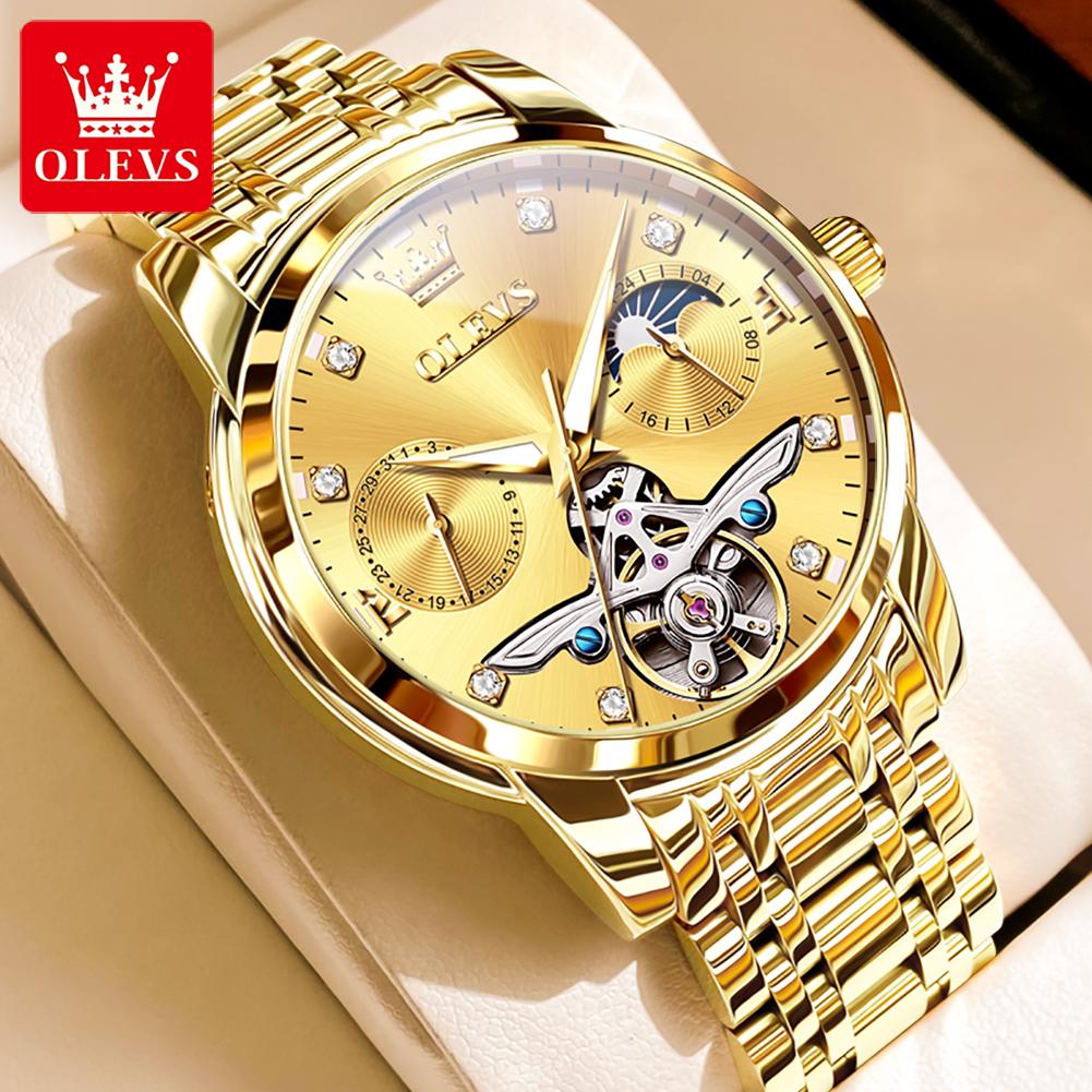 OLEVS Men's Watches Top Brand Luxury Fashion Original Automatic Mechanical Wristwatch Hollow Out Flywheel Movement Moon Phase