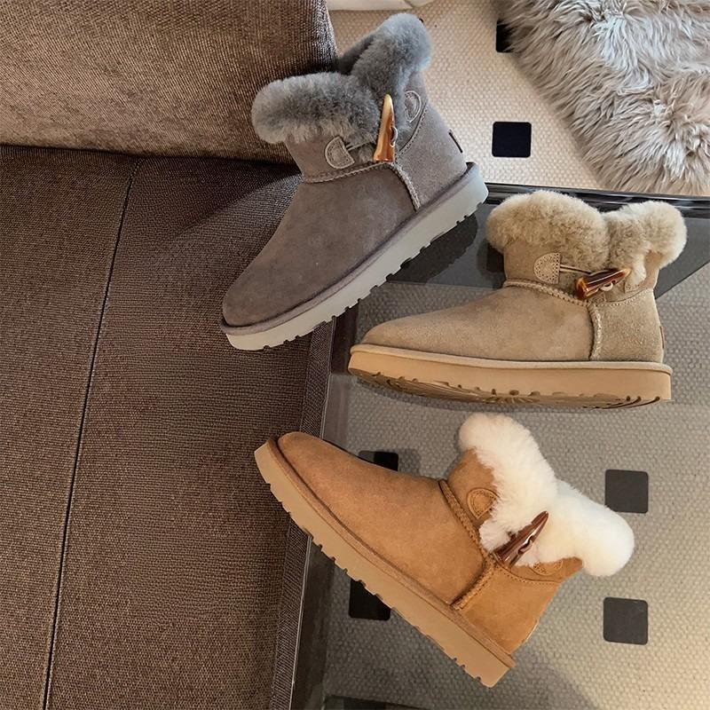 Women's Cow Horn Buckle Fashion Lightweight Soft Sole Winter Warm Fur One Snow Boots Padded Lining Non-slip Casual Sports Cotton Boots