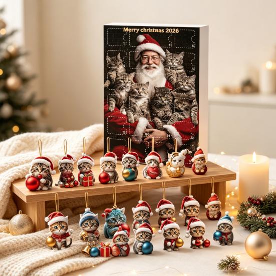 Collectible Cat Figures Advent Calendar, 24 Days Christmas Countdown Cute 2D Kitten Holiday Gift Box Ornaments for Party Tree Decor, Gifts Lovers