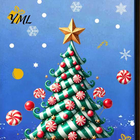 Holiday Glass Decals Christmas Tree Window Decals, Candy Striped Snowflake Wall Stickers, Waterproof Decorative Gifts PVC Removable Clings for