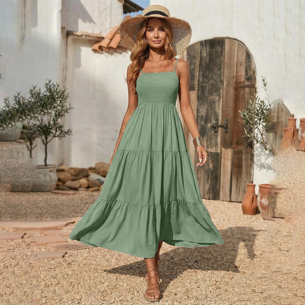 Fashionable Women's Casual Printed Tube Top Shoulder Strap Swing Dress