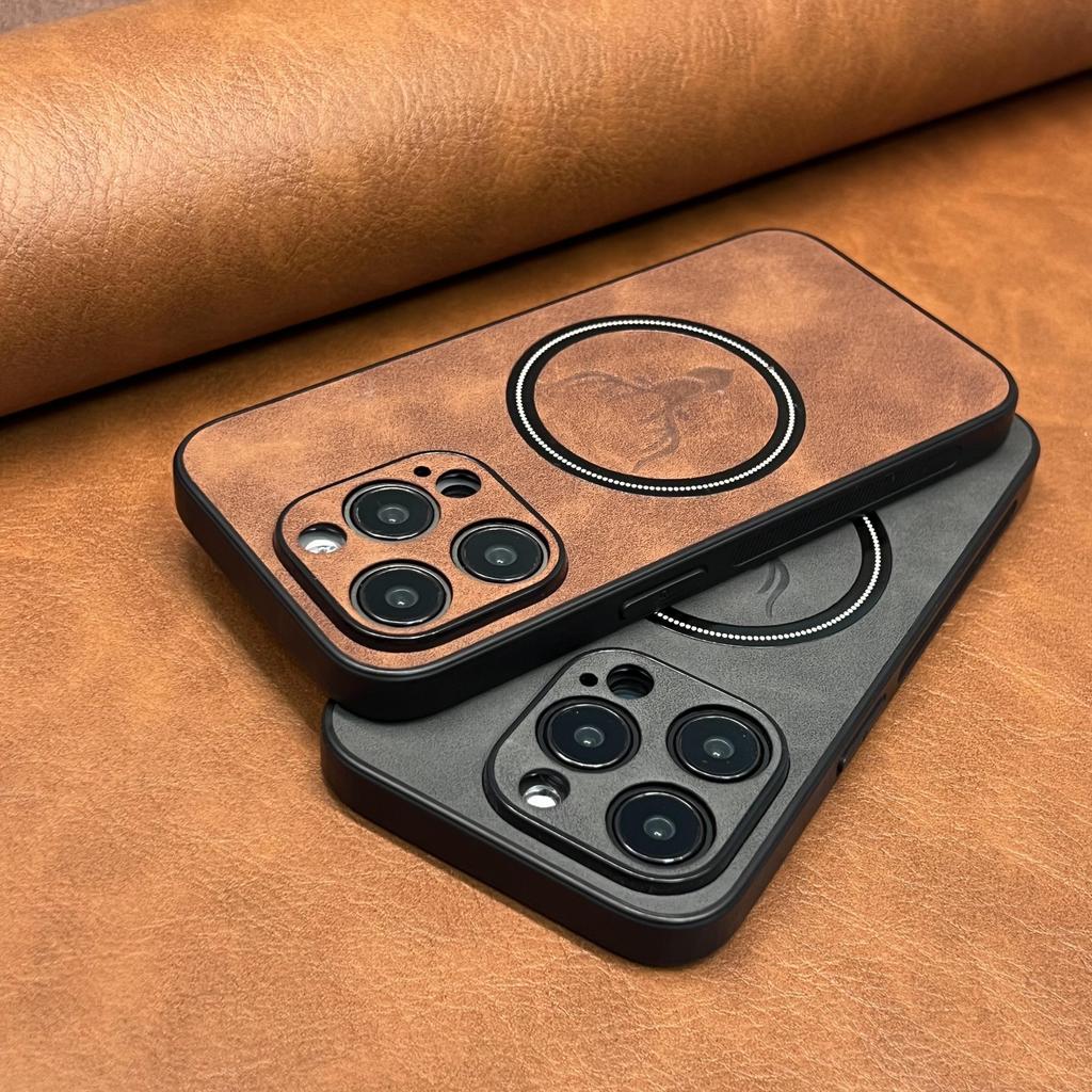 Luxuriöse Kunstschaffell-Kunstlederhülle für iPhone 17 16 15 14 13 12 Pro Max Plus Hirschkopf Magnetische Kabellose Aufladung Weiche Stoßfeste Abdeckung