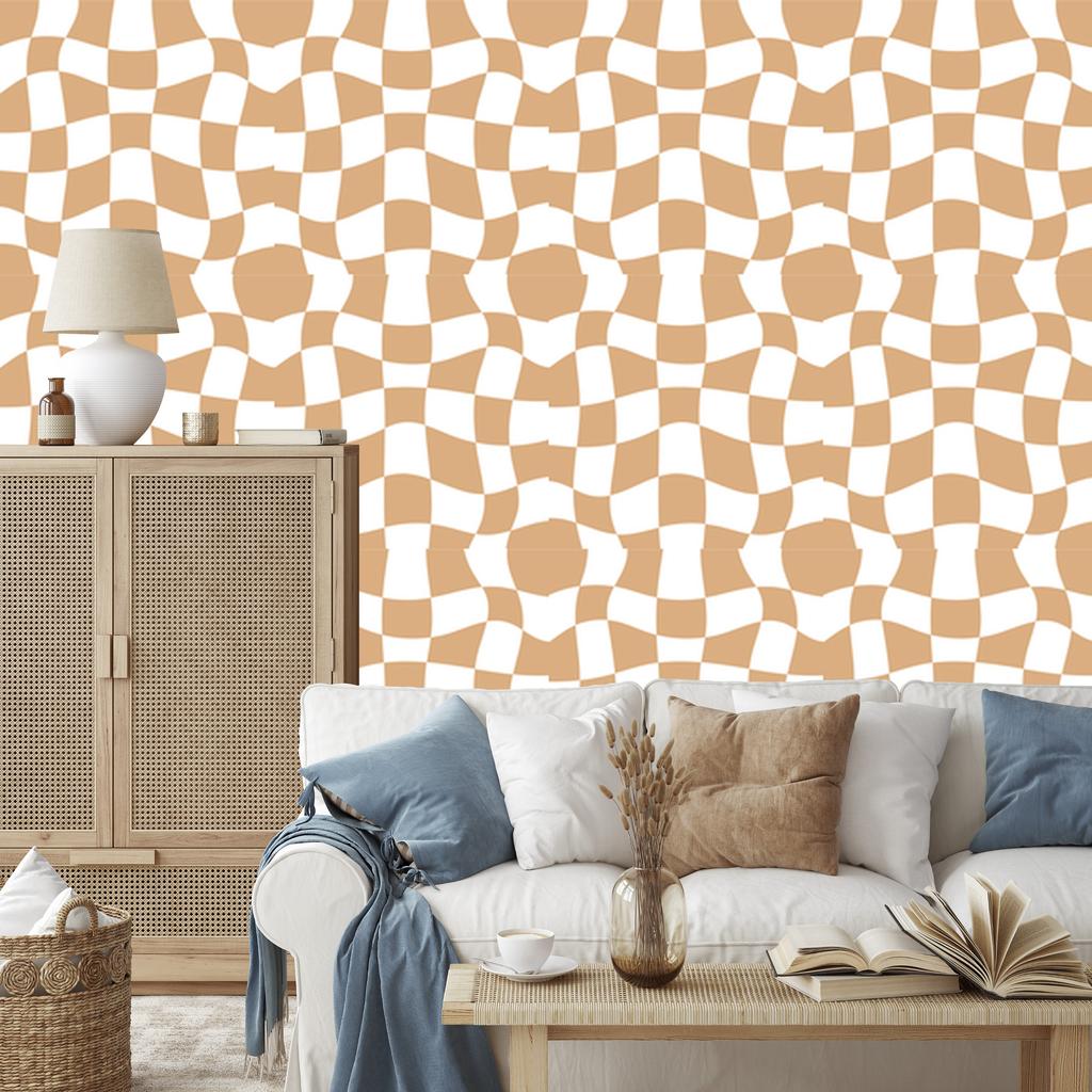 Casual Checkerboard Wallpaper White, Gold, and Cream 50x1000