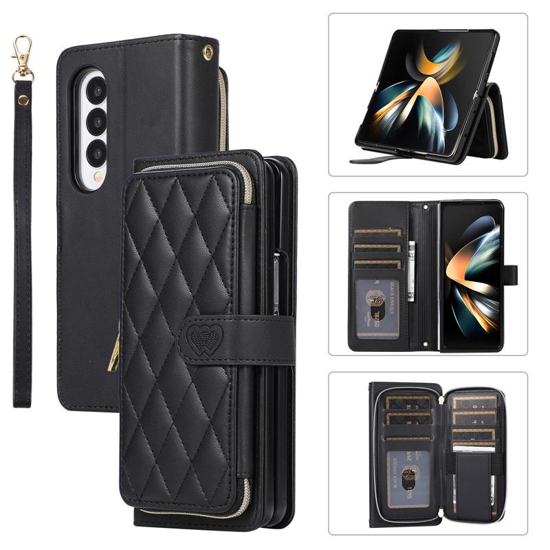 

Кожаный чехол-бумажник с ремешком через плечо на молнии для телефона Samsung Galaxy Z Fold 5 4 3, роскошный откидной чехол-подставка с веревкой на запястье Samsung Z Fold 3 чёрный