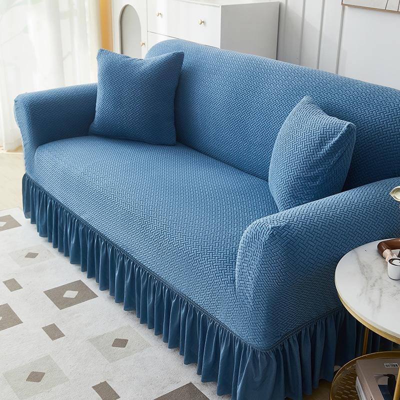 Solid Color Thick Sofa Cover for Living Room Elastic Jacquard 1/2/3/4 Seater Sofa Cover With Skirt