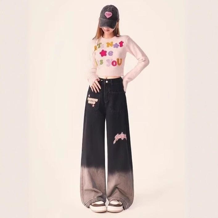 Gradual change embroidered wide-leg jeans women's large size niche loose straight casual long pants Trendy Women's High-waisted Gradient Wash Jeans