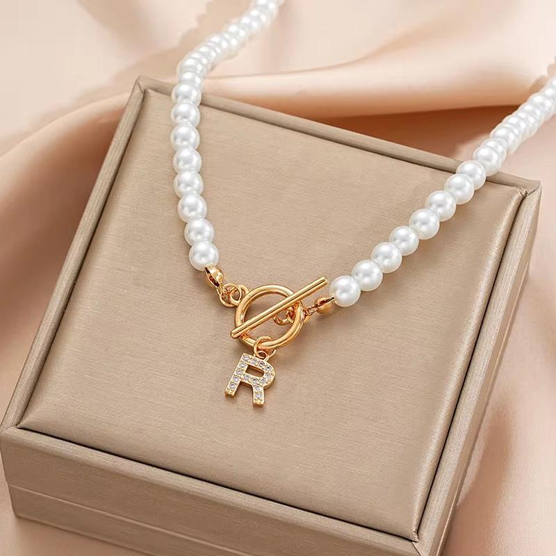 Rhinestone Letter Imitation Pearl Choker Necklace For Women Gold Plated Crystal Initial Pendant Necklace