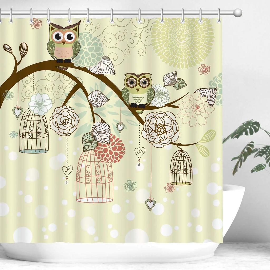 Rideau de douche Hibou Lunaire Forêt Enchantée Oiseau Fleur Papillon Fantaisie Fée Arbre Lanternes Ciel Nocturne Décoration Salle de Bain Ensembles