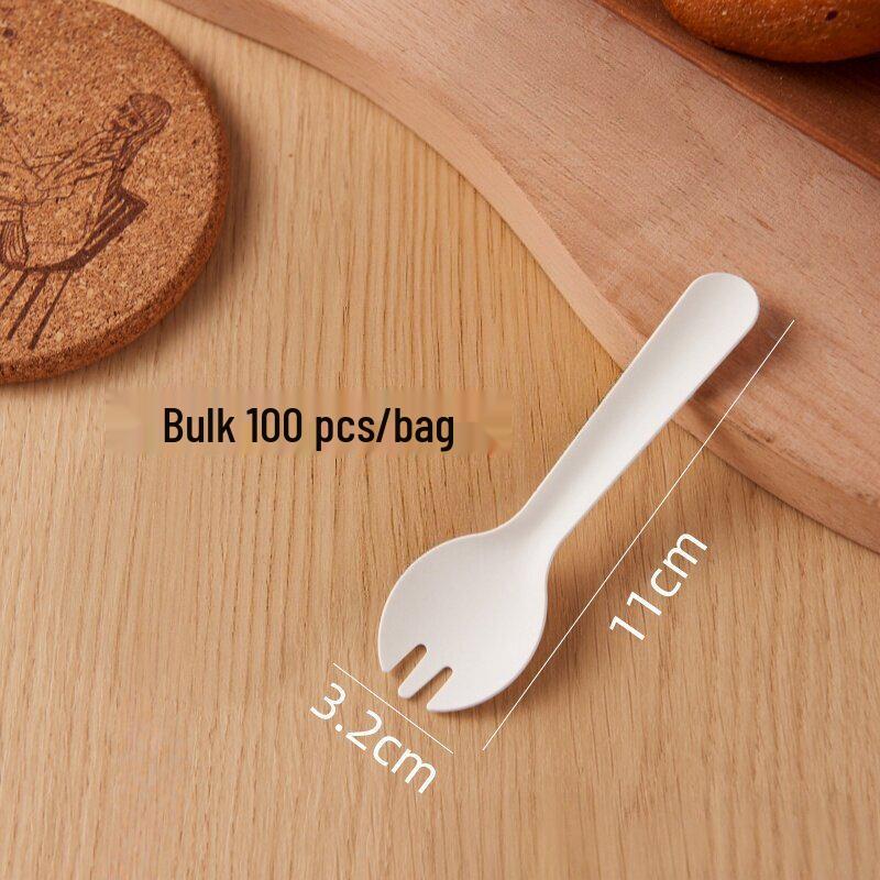 Eco-Friendly Disposable Cutlery Set: Fork, Knife, Cake Fork, Dessert Spoon, and Ice Cream Spoon.