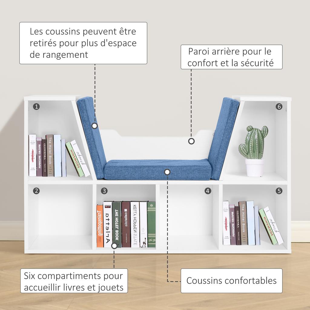 2-in-1 Bookcase Bench with Seat Cushions, Cube Shelf 6 Open Compartments and 2 Levels, Storage Furniture, 102 x 30 x 61 cm, Blue