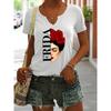 Women's Summer V-Neck Short Sleeve T-Shirt, Frida Kahlo with Red Roses Print, Artistic Feminist Casual Fashion Top