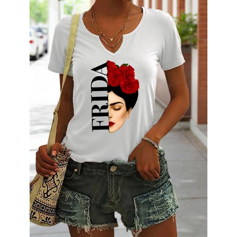 Women s Summer V-Neck Short Sleeve T-Shirt, Frida Kahlo with Red Roses Print, Artistic Feminist Casual Fashion Top S