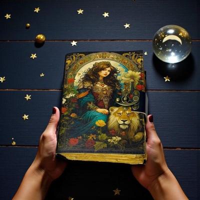 Lion & Girl Leather Grimoire: 200-Page Handmade Book of Shadows