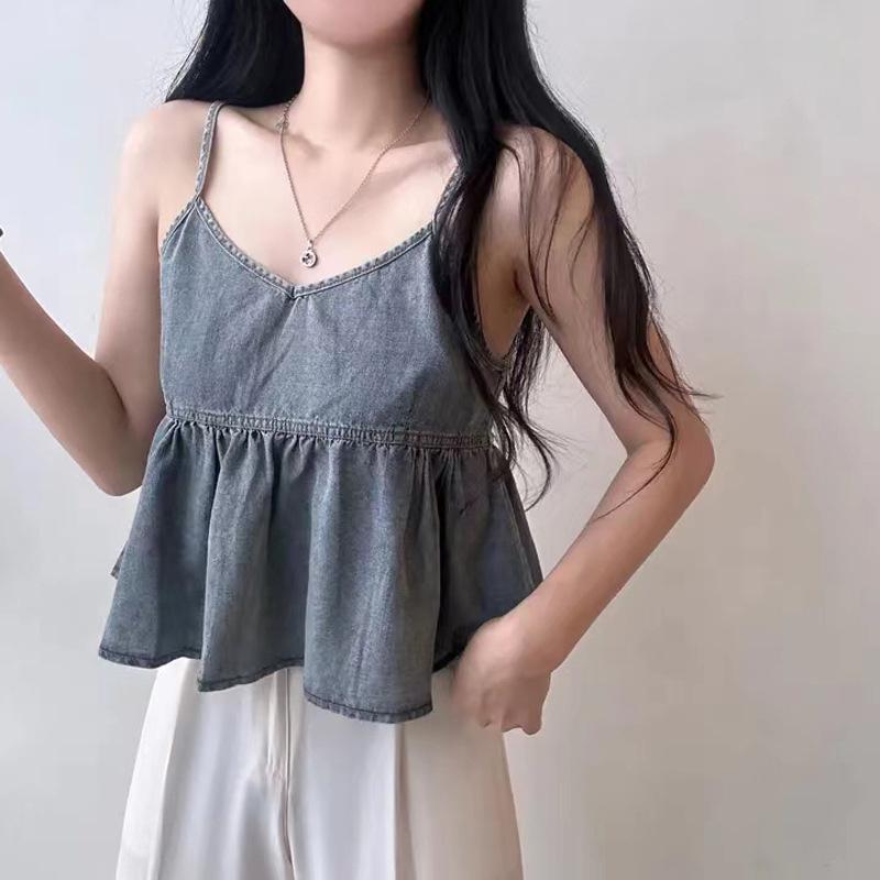 Stylová Elegance Móda Dámské Business Casual Vesta Vnější Oblečení Krátké Topy Výstřih do V Džínová Spodní Košile Skládaný Design Volánky Volný Podvazky Dámské