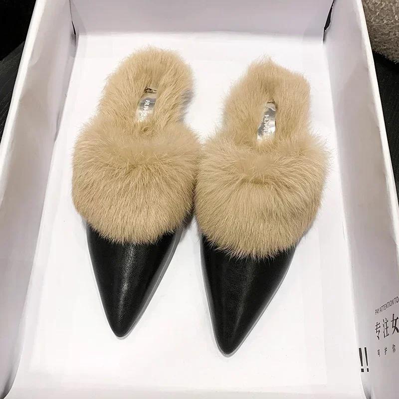 Fashion Fashion Winter Plush Women Mules Slippers Slip On Warm Woman Slipper Faux Fur Flat Shoes Pointed Toe Female Ladies Shoes