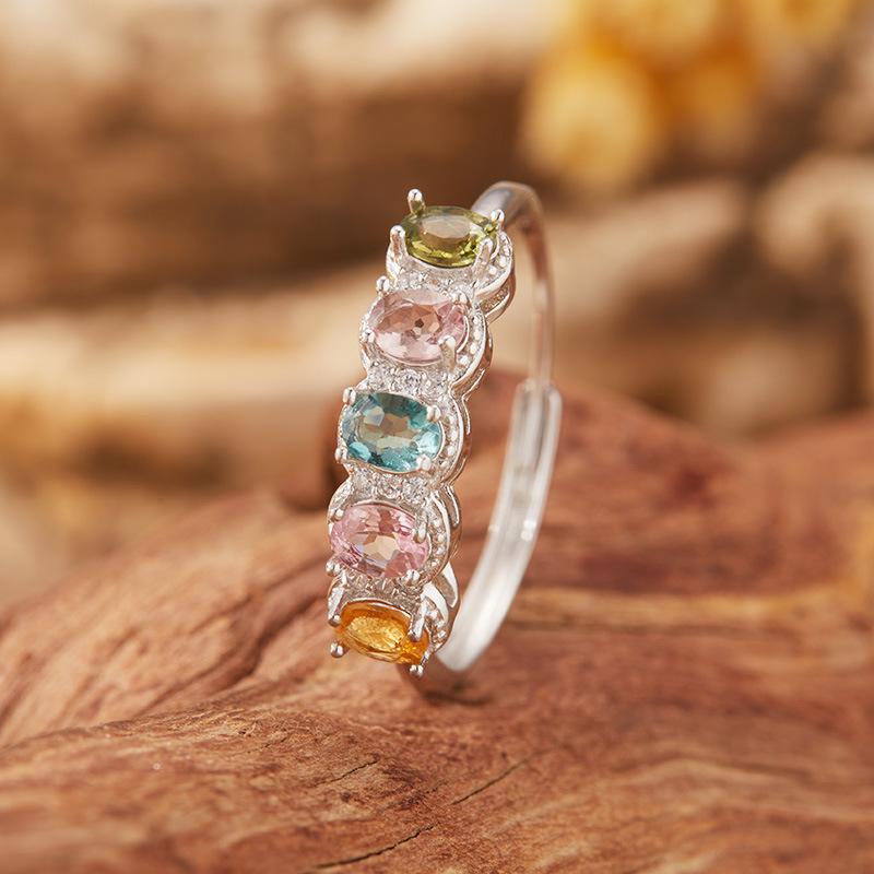 Color Treasure Earrings Natural Tourmaline Ring Women'S S925 Sterling Silver Gemstone Index Finger Ring Xiaohongshu Model