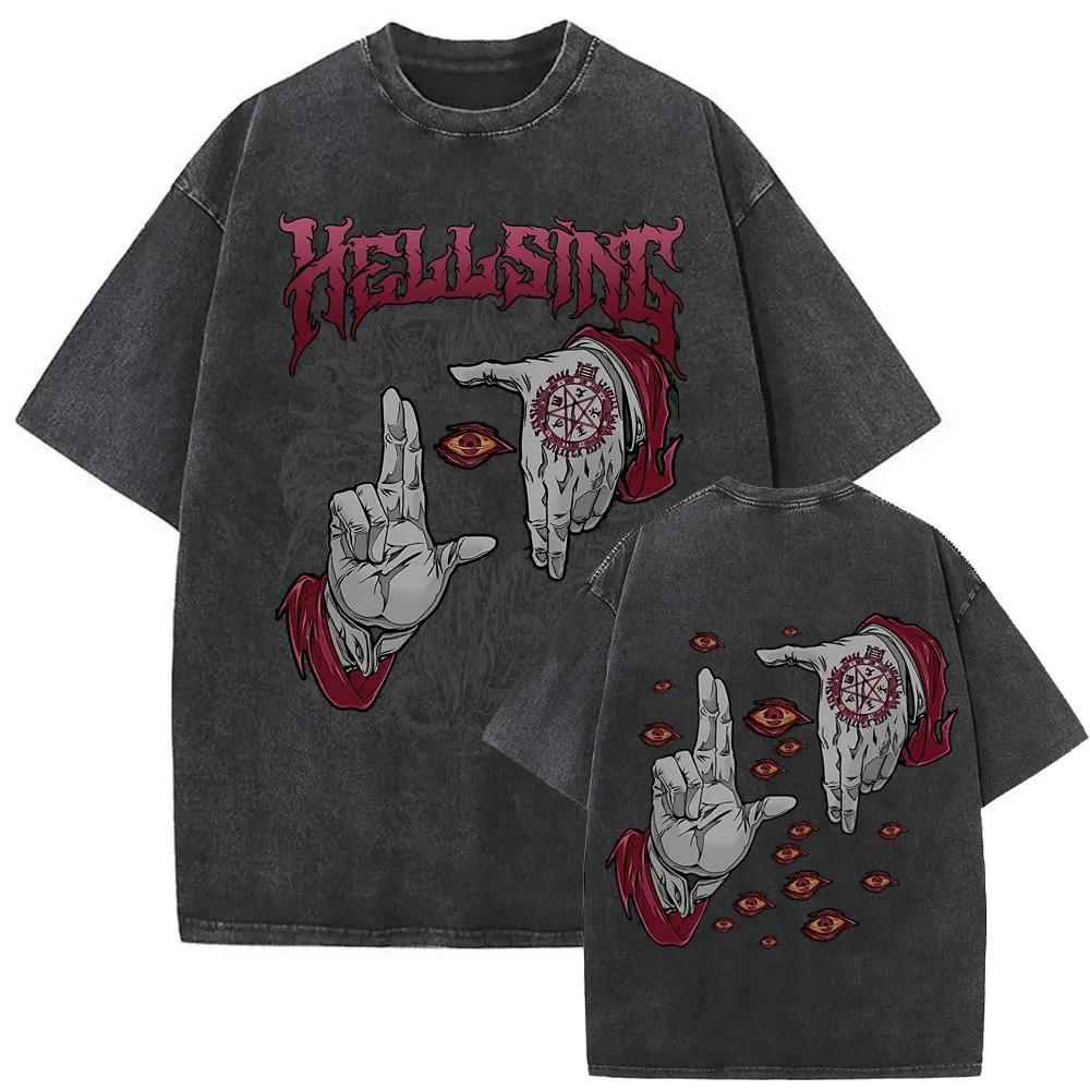Hot Sale Anime Hellsing Abraham Van Helsing Vampire Alucard Print Tshirt Men Women Vintage Washed Cotton Summer Tee Oversize Top