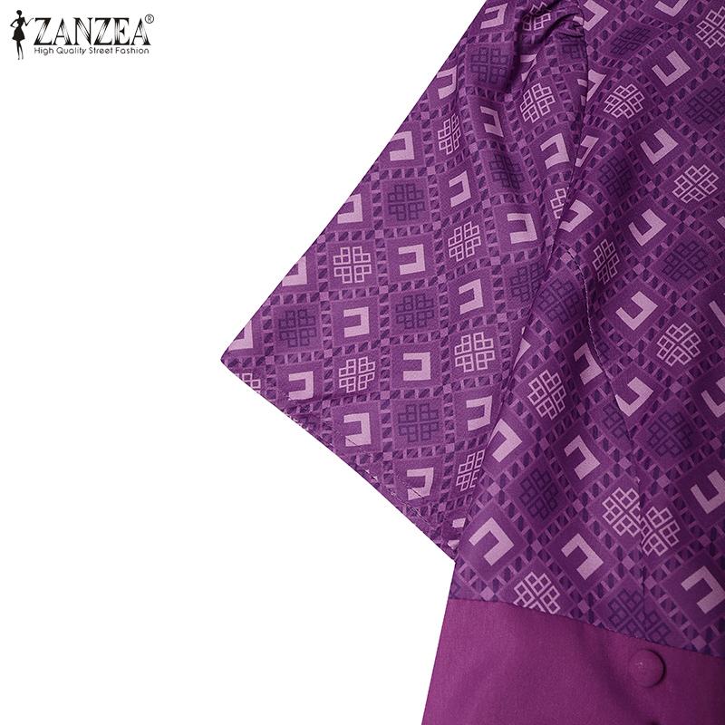 ZANZEA Damen Sommer Stehkragen Lässig Kurzarm Print Kleid