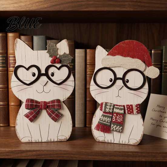 Small Wood Christmas Rustic Farmhouse Decor Cute Cat Tabletop Ornaments Wooden Kitty Figurine Creative Stocking