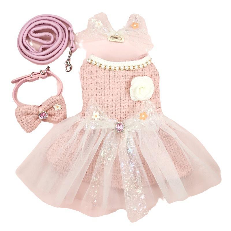 Pet Pink Woolen Dress Coat Princess Mesh Bow Dress Cat Clothing Pet Set Puppy Clothes Autumn/Winter Pink Dresses Puppy