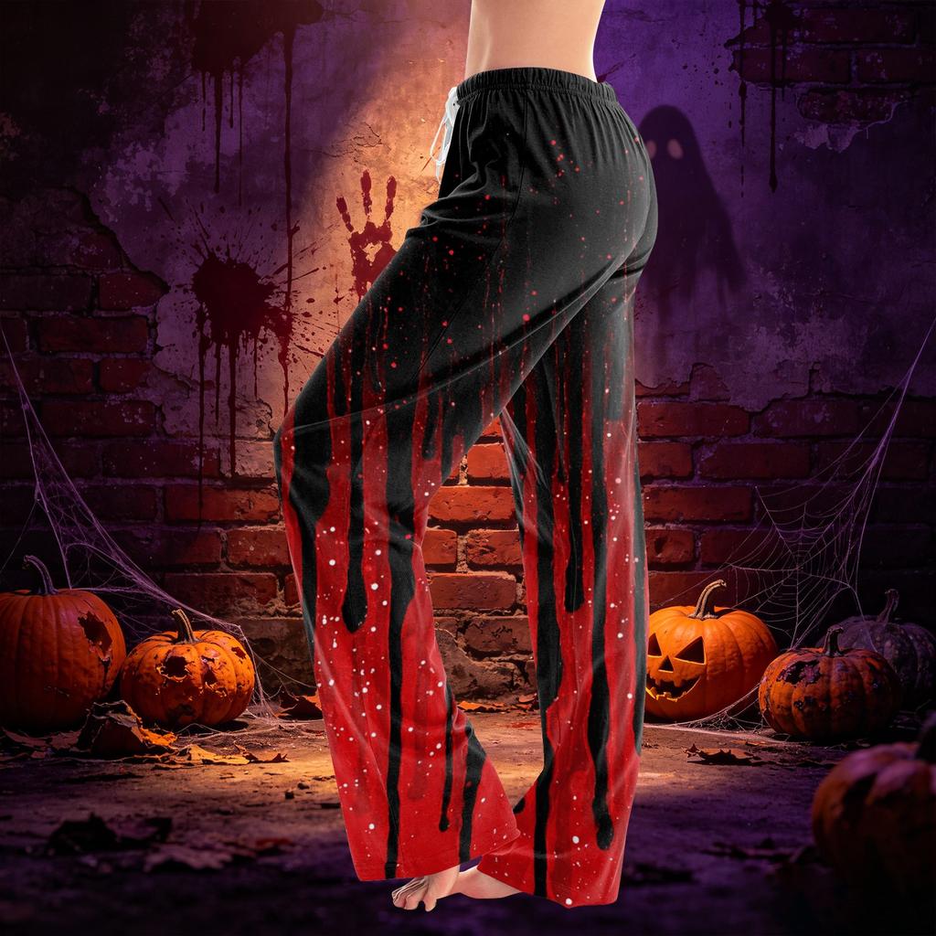 Women Drawstring Waist Halloween Print Long Pants Relaxed Fit Casual Trousers for Seasonal Festive Wear