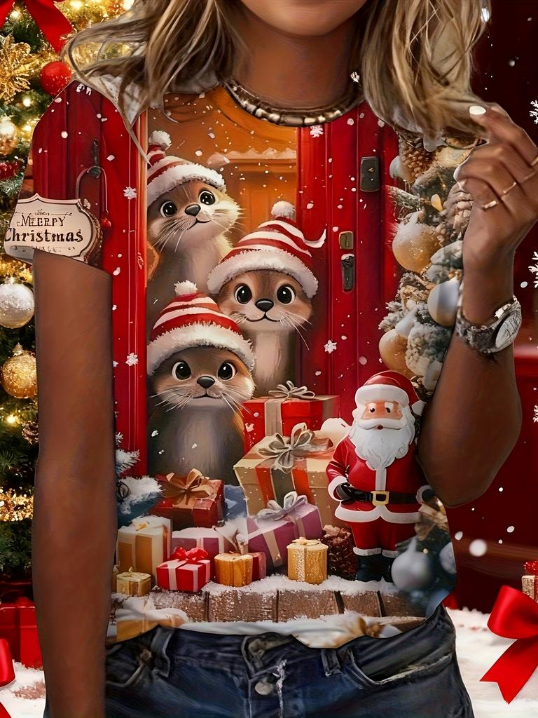 Women's Christmas 3D Winter Santa Claus Print T-shirt, Summer Casual Round Neck Short Sleeve Loose T-shirt for Women